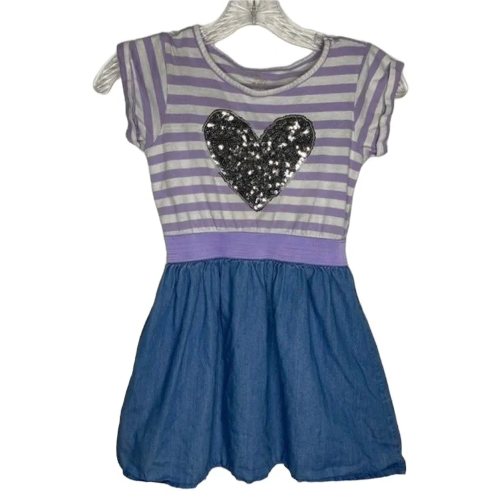 5/$15 Children's Place Purple White Blue Striped Sequin Heart Short Sleeve Play